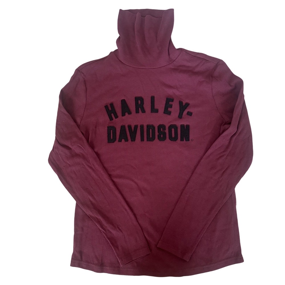 Harley Davidson Womens Burgundy Ribbed Turtleneck‎ Long Sleeve Logo Top Large